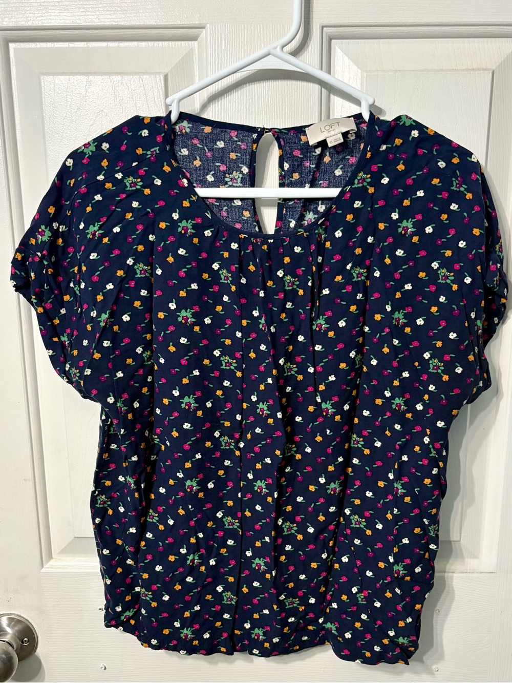 LOFT Navy Floral Puff-Sleeve Blouse